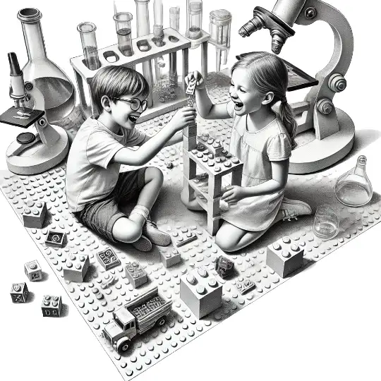 Een jongen en een meisje zitten op een legoplaat en bouwen een toren. Een fantasie tafereel.