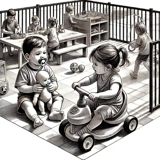 Peuter spelen buiten op een plein voor de peuterspeelzaal.